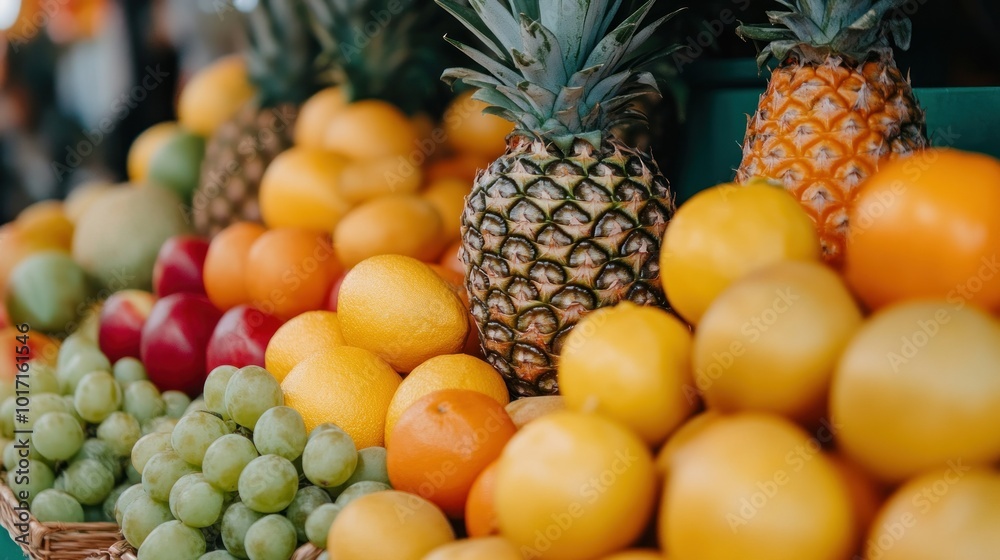 A Close-Up View of Fresh Fruit, Including Pineapples, Oranges, and Grapes A Close-Up View of Fresh Fruit, Including Pineapples, Oranges, and Grapes
