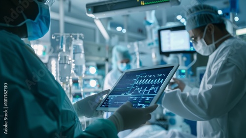 A medical professional examines a patient's vitals on a tablet in an operating room, while another medical professional assists.