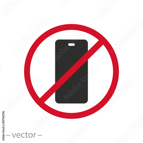 cellphone prohibited, no phone icon, off mobile please, stop using device, ban zone, flat vector illustration photo