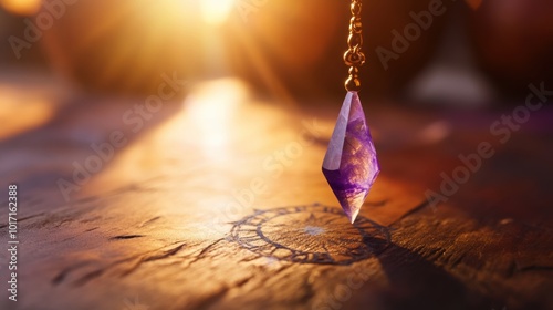crystal pendulum, bathed in warm, glowing light, symbolizing energy healing and spiritual balance