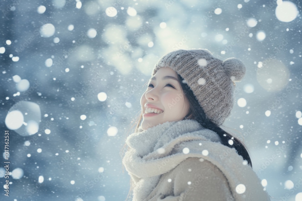 Smiling Woman Enjoying a Beautiful Winter Snowfall Smiling Woman Enjoying a Beautiful Winter Snowfall