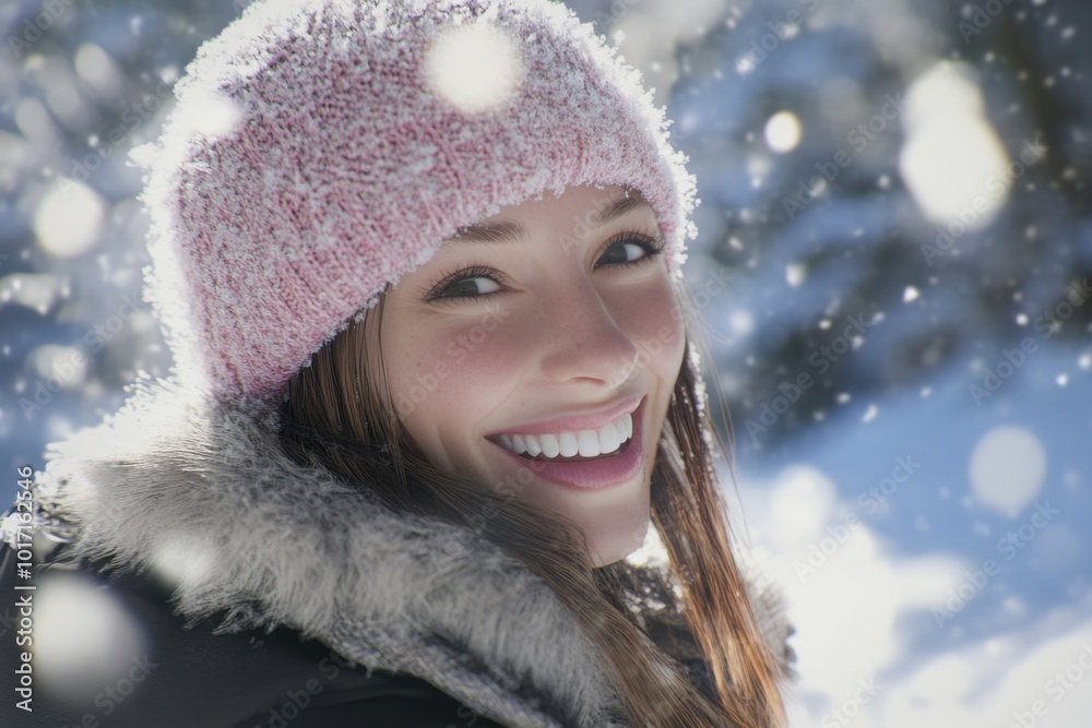 Smiling Woman Enjoying a Beautiful Winter Snowfall Smiling Woman Enjoying a Beautiful Winter Snowfall