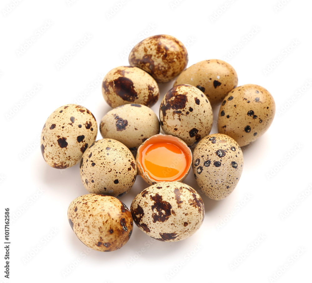 Many fresh quail eggs on white background Many fresh quail eggs on white background