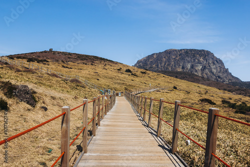 Hallasan National Park, Jeju island, South Korea, spring landscape view of Yeongsil trail, Halla volcano peak, trekking and climbing to Halla mountain, travel and hiking in Korea, Jeju-do, sunny day photo