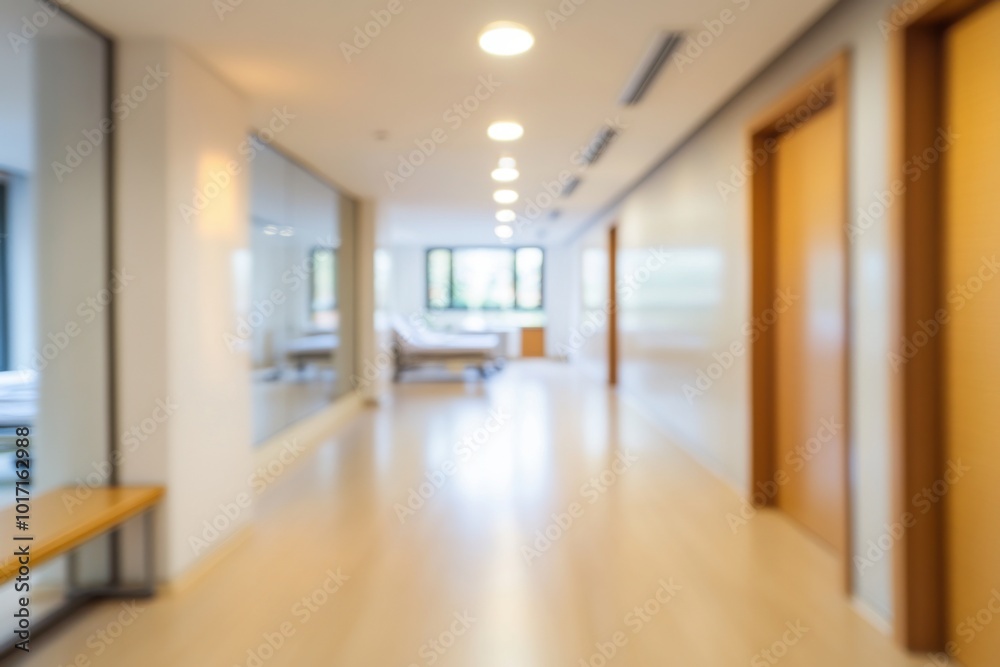 Blurred clinic corridor with a subtle medical theme, calm lighting, hospital beds and equipment in the background