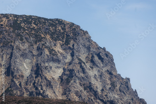 Hallasan National Park, Jeju island, South Korea, spring landscape view of Yeongsil trail, Halla volcano peak, trekking and climbing to Halla mountain, travel and hiking in Korea, Jeju-do, sunny day