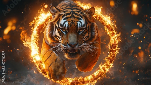 A close-up illustration of a performing tiger jumping through a flaming hoop, with dynamic lines and bright colors to emphasize the action and intensity of the moment
