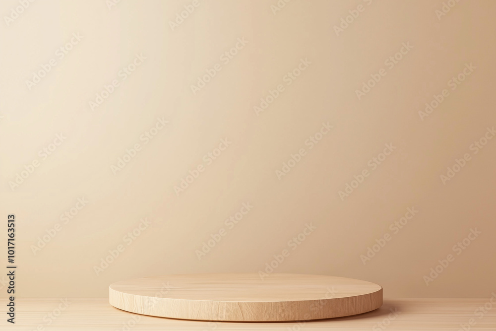 Empty product table against a beige wall background. Wooden podium for presentation. Empty product table against a beige wall background. Wooden podium for presentation.
