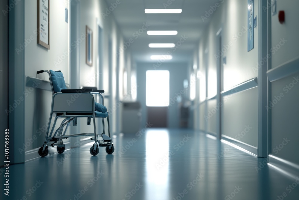 Clinic hallway with a blurred background, focus on a wheelchair, professional medical setting, calm and caring atmosphere, Clinic hallway with a blurred background, focus on a wheelchair, professional medical setting, calm and caring atmosphere,