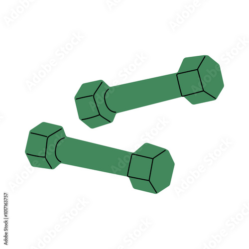 Two green dumbbells placed side by side on a plain background showcasing fitness equipment