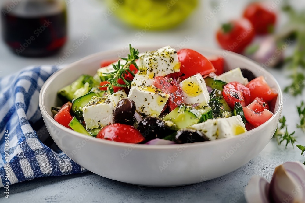 Greek salad, featuring fresh tomatoes, cucumbers, feta cheese, and olives. Perfect for a healthy and colorful meal. Greek salad, featuring fresh tomatoes, cucumbers, feta cheese, and olives. Perfect for a healthy and colorful meal.