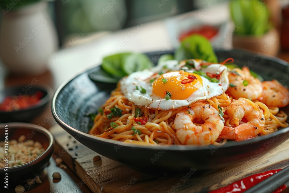 Close-Up of a Delicious Stir-Fry Noodle Dish with Shrimp, Egg, and Chili Peppers Close-Up of a Delicious Stir-Fry Noodle Dish with Shrimp, Egg, and Chili Peppers