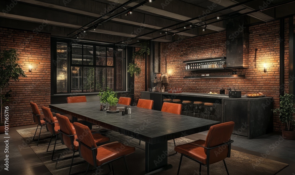 Industrial dining room with a metal table, leather chairs, and exposed brick walls