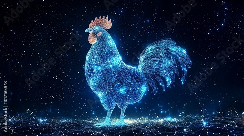 A striking rooster figure characterized by a bright blue digital design with galaxy star patterns, illustrating both artistic exploration and futuristic ideas. photo