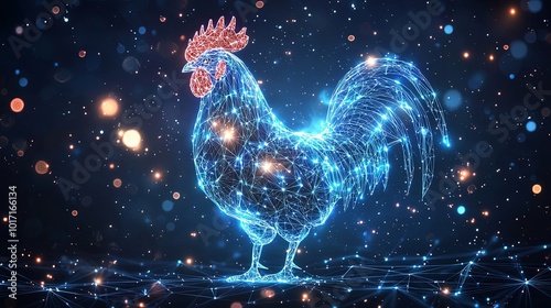 A visually stunning depiction of a rooster made with a luminous blue digital network set against a starry background, symbolizing innovation and creativity. photo