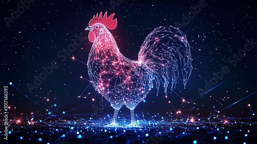 A conceptual digital artwork showing a rooster in red and blue neon lights, representing a fusion of nature and advanced technology art styles.