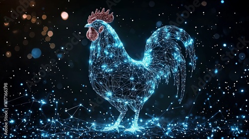 A refined digital illustration of a rooster portrayed with interconnected blue lines and subtle light effects, blending nature with technology in an artistic manner. photo