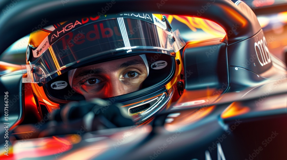 Fototapeta premium Intense Motorsport Racer in High Speed Helmet Focusing on the Track Ahead
