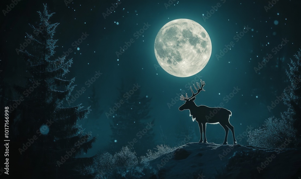 Magical Reindeer Silhouetted Against the Glow of a Christmas Night's Full Moon Magical Reindeer Silhouetted Against the Glow of a Christmas Night's Full Moon