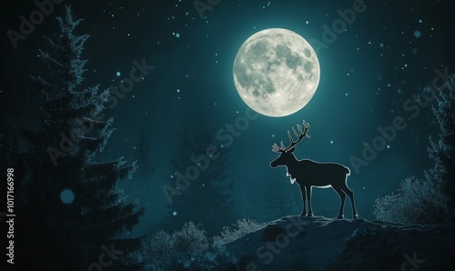 Magical Reindeer Silhouetted Against the Glow of a Christmas Night's Full Moon