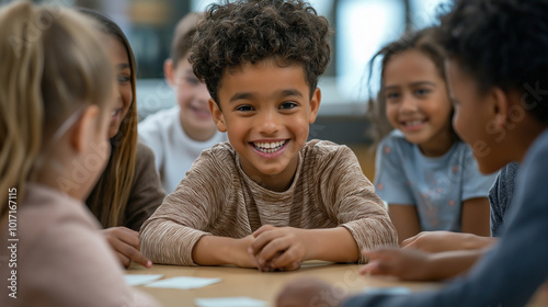 A group of families playing a fun language-learning game, practicing words and phrases together in a circle – A playful and educational image of joy and growth, where games help de