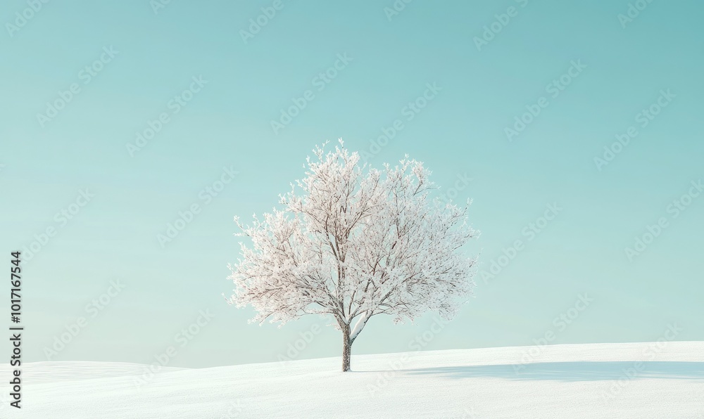 Minimalist winter landscape with a single snow-covered tree standing against a pale, clear sky Minimalist winter landscape with a single snow-covered tree standing against a pale, clear sky