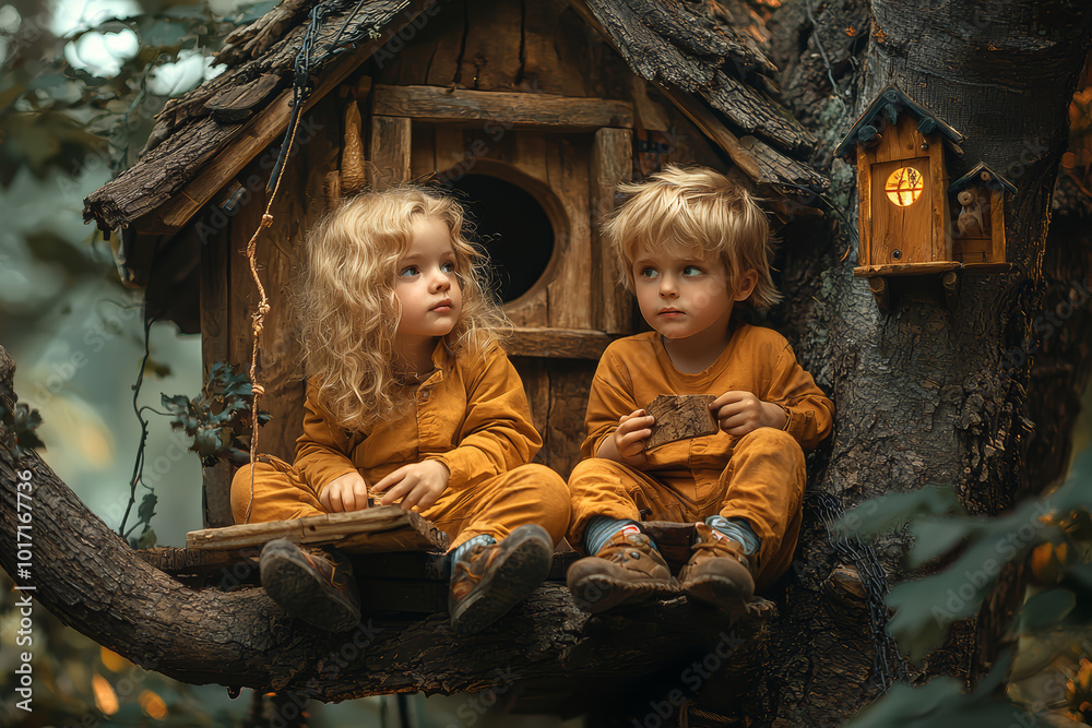 A childhood friendship depicted through two kids building a treehouse together. Concept of creativity. A childhood friendship depicted through two kids building a treehouse together. Concept of creativity.