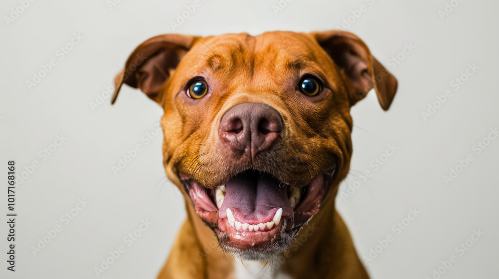 Brown dog with a white nose is smiling and has its mouth open Brown dog with a white nose is smiling and has its mouth open