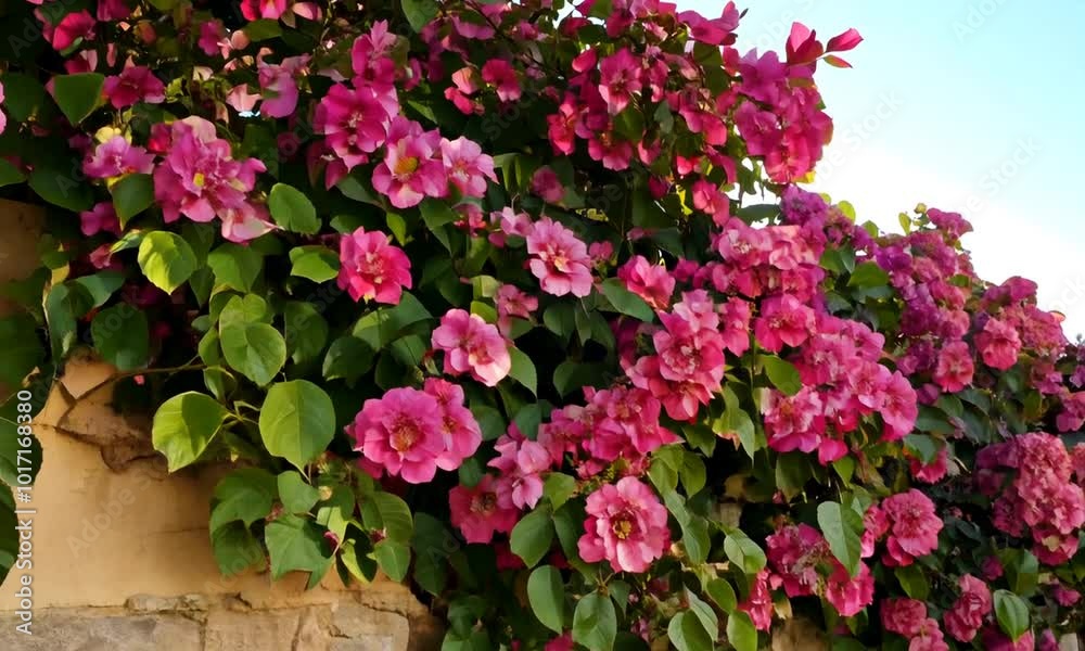 Bougainvillea Flowers Blooming on a Stone Wall Bougainvillea Flowers Blooming on a Stone Wall