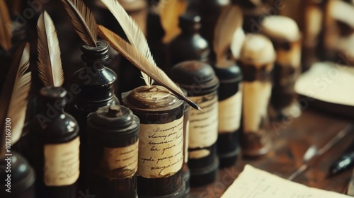 A background completely filled with quills and ink bottles, packed tightly together to create a vintage, elegant writing atmosphere with rich textures. photo