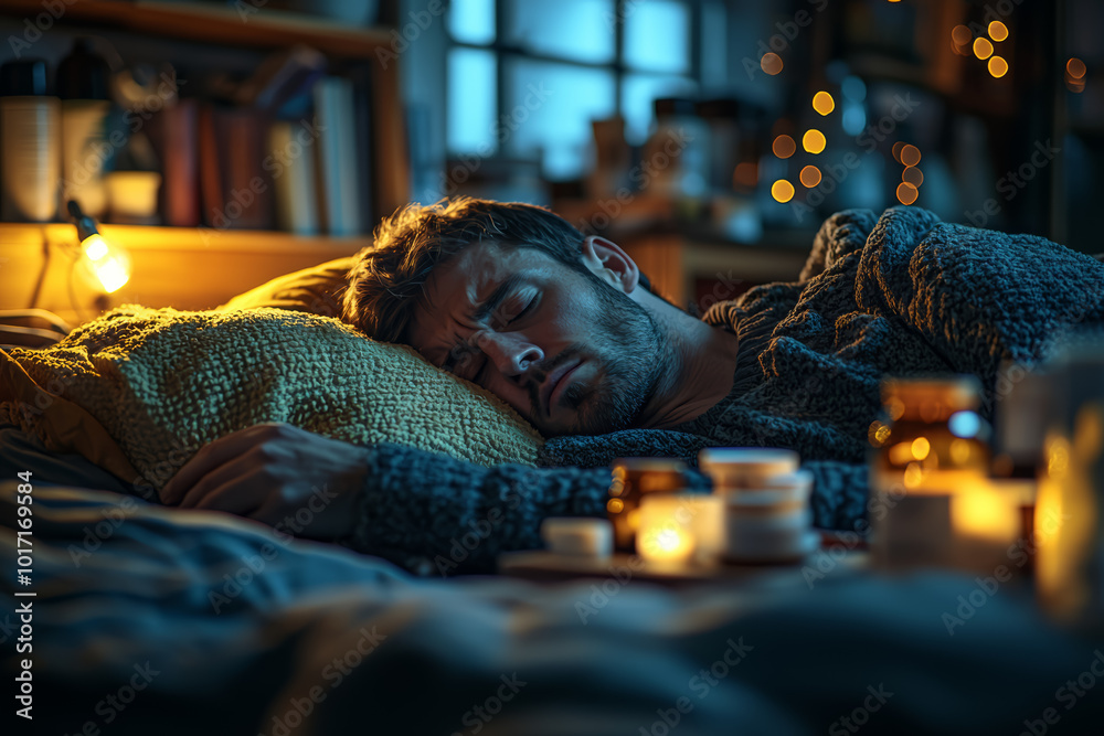 A person lying in bed with a thermometer and medicine on the side table, clearly feeling unwell. Concept of health. A person lying in bed with a thermometer and medicine on the side table, clearly feeling unwell. Concept of health.