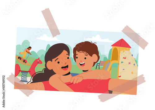 Joyful Photo Scene Of Mother with a Child Characters Enjoying A Playground With A Slide And Climbing Structure