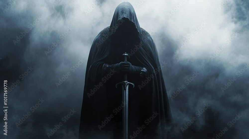 Sinister figure clad in a hooded cape, holding a medieval sword amid a dark, mist-filled background Sinister figure clad in a hooded cape, holding a medieval sword amid a dark, mist-filled background
