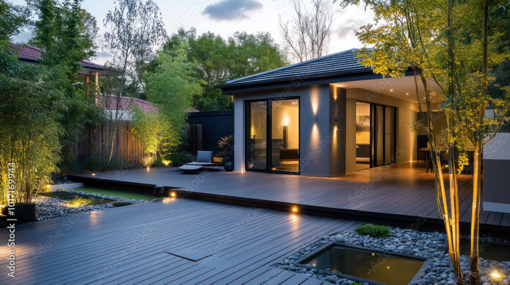 Fototapeta premium luxurious home garden with modern design elements and ambient lighting