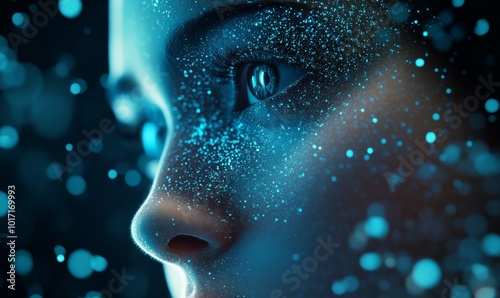 Futuristic digital human face with cosmic particles