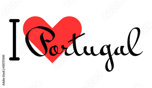 I love Portugal. Hand drawn letters with red heart. Vector illustration, lettering in modern design
