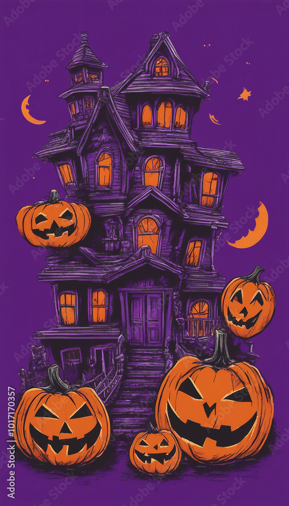 The graphic t-shirt design style consists of Halloween haunted house pumpkin heads on violet backgro The graphic t-shirt design style consists of Halloween haunted house pumpkin heads on violet backgro
