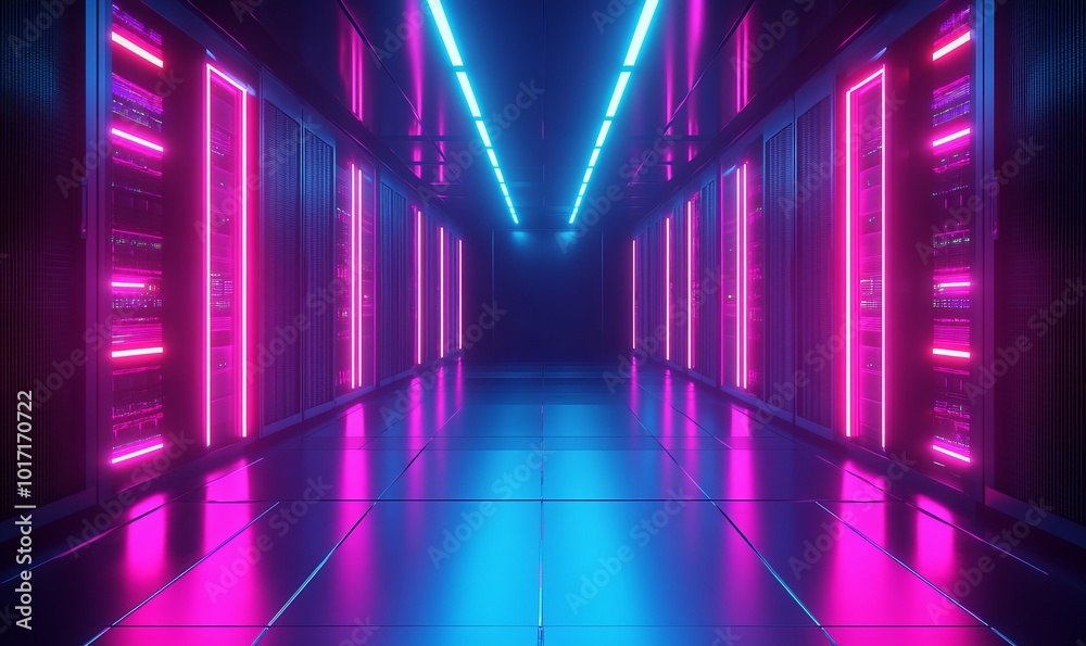 Fototapeta premium Abstract data center room with bright neon blue and pink light glowing server blocks