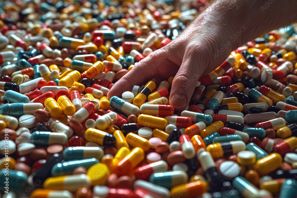 Φωτογραφία A hand reaching out to a pile of prescription medications, representing the burden of chronic conditions