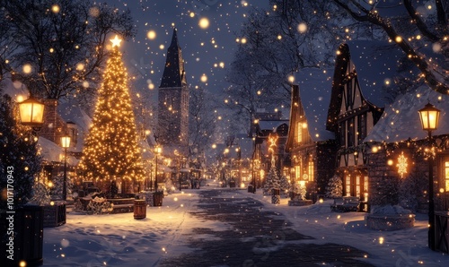 Glowing Holiday Lanterns Lighting Up a Snowy Village Square on Christmas Eve