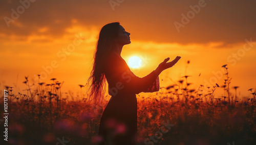 Silhouette of prayer woman worship God in the morning with sunrise sky background Person hands open palm up worship God helping repent catholic easter lent mind pray Christian religion