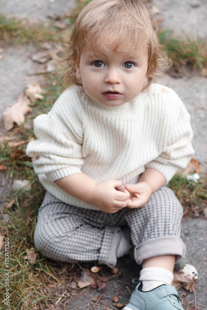 Stylish baby boy wearing knitted autumn clothes sitting in park Stylish baby boy wearing knitted autumn clothes sitting in park