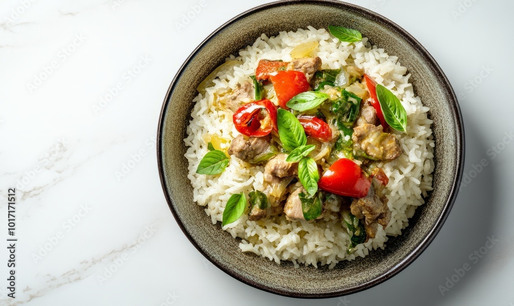 Green Curry cheek with Chaufa Rice on white table Green Curry cheek with Chaufa Rice on white table