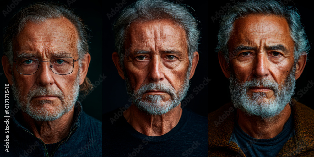 Three portraits of elderly men with various expressions, shot against a dark background. Suitable for senior care, healthcare, life experience, or aging awareness campaigns. Three portraits of elderly men with various expressions, shot against a dark background. Suitable for senior care, healthcare, life experience, or aging awareness campaigns.