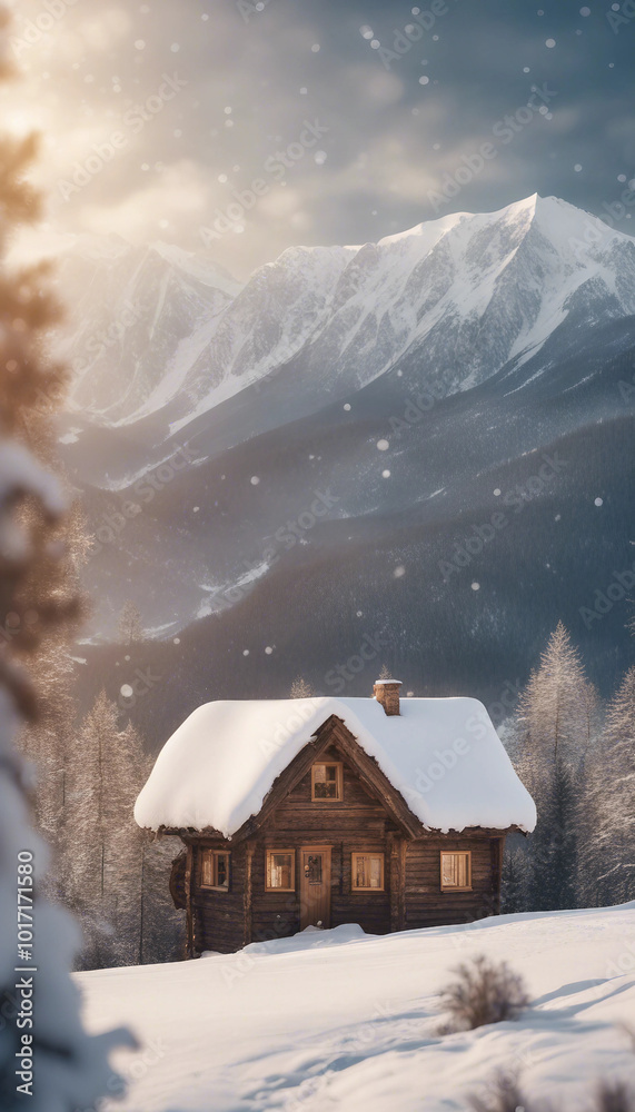 Fototapeta premium Winter landscape with wooden house and snowy mountains Postcard collage with DOF bokeh light vertica
