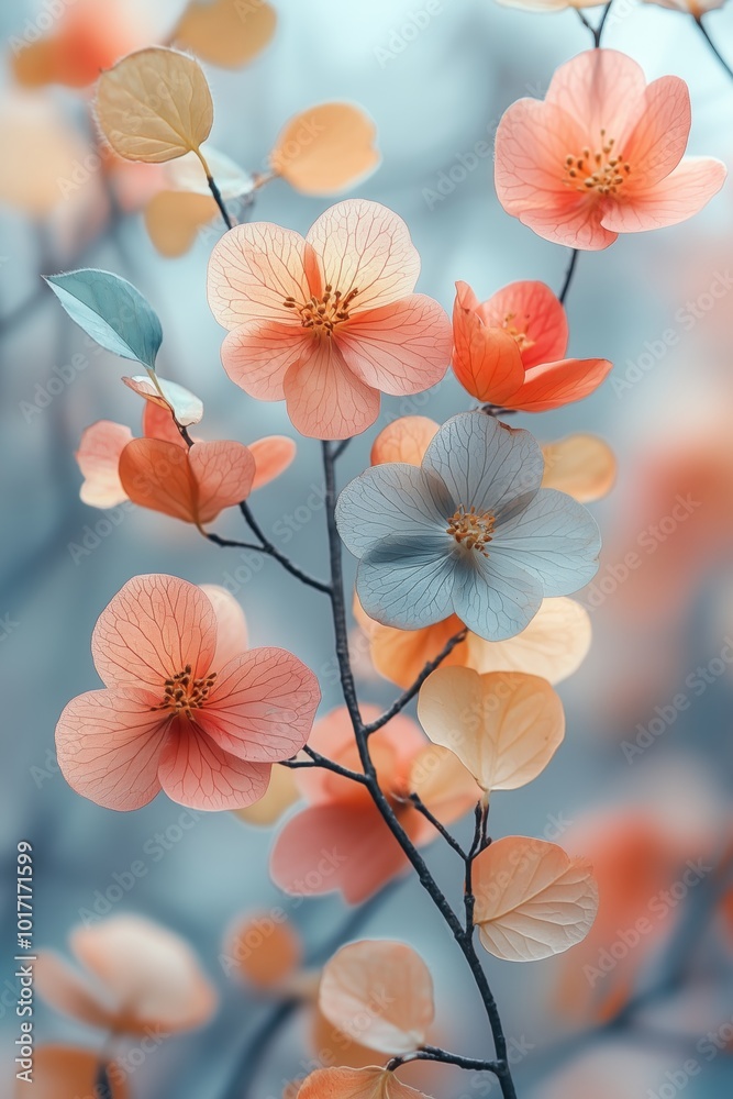 Delicate blossoms in shades of peach and blue on a soft blurred background. Delicate blossoms in shades of peach and blue on a soft blurred background.
