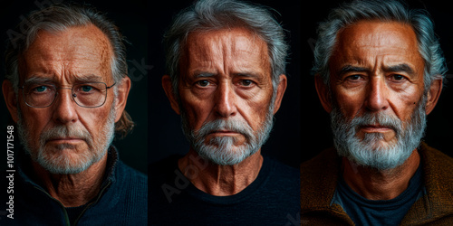 Three portraits of elderly men with various expressions, shot against a dark background. Suitable for senior care, healthcare, life experience, or aging awareness campaigns.