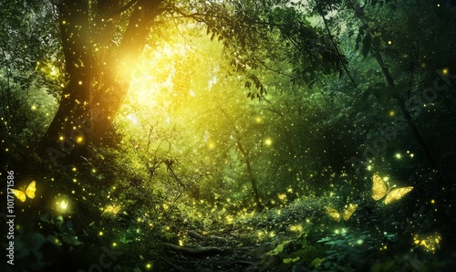 Green forest with magical light