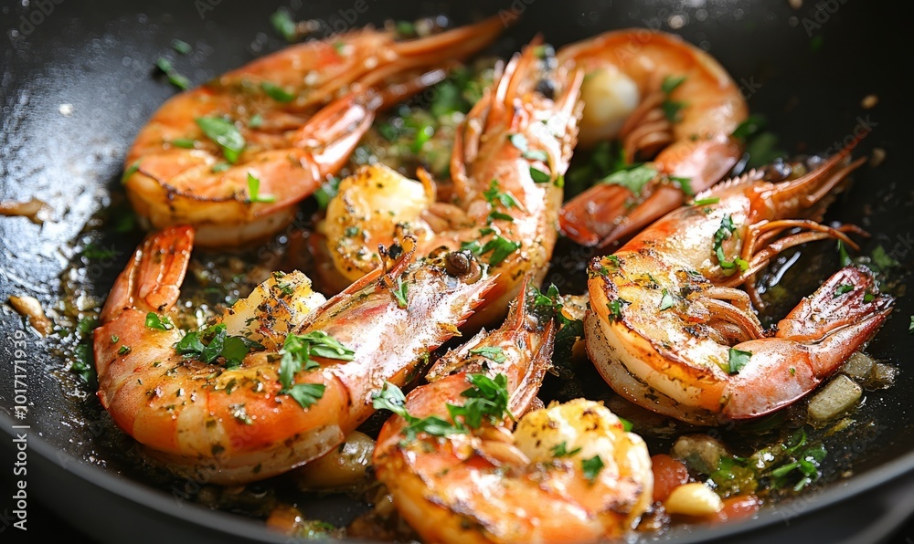 Grilled shrimps with herbs and garlic in a frying pan Grilled shrimps with herbs and garlic in a frying pan