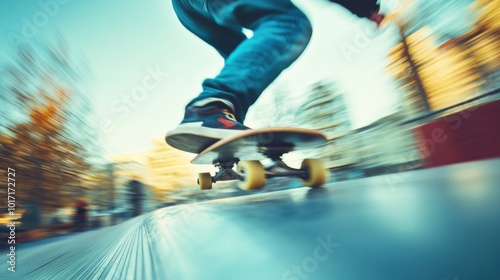 Skateboarder grinding along a rail in a skatepark, captured mid-trick with the urban environment blurring in the background  dynamic action shot. photo